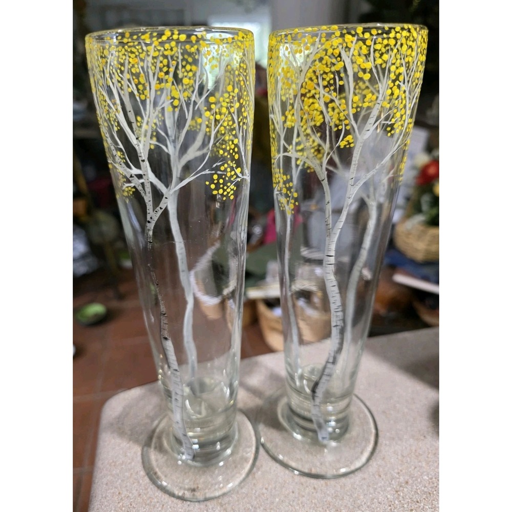 Hand-Painted Birch Tree Pilsner Glasses‎ Set of 2 Autumn Yellow Forest Design - Picture 4 of 7